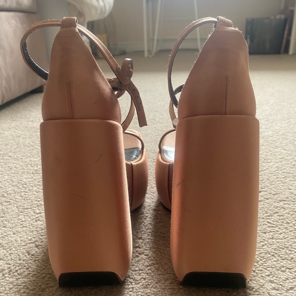 VERSACE PINK SATIN MEDUSA INSIGNIA WEDGE SANDALS - Picture 3 of 5